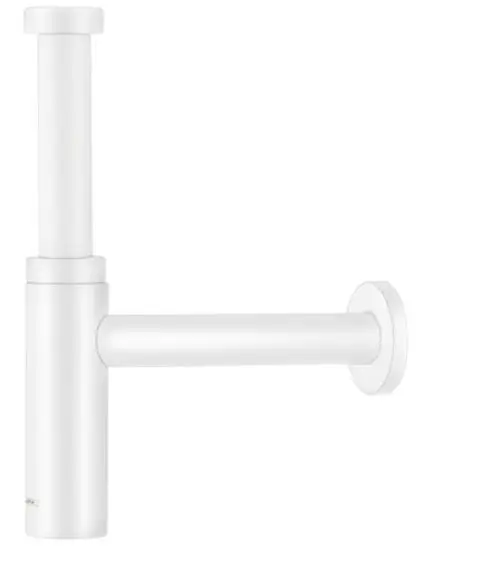 Hansgrohe Designsiphon in Mattweiß, bestehend aus einem vertikalen Rohr und einem horizontalen Anschlussrohr, zur Verwendung in Sanitäranlagen.
